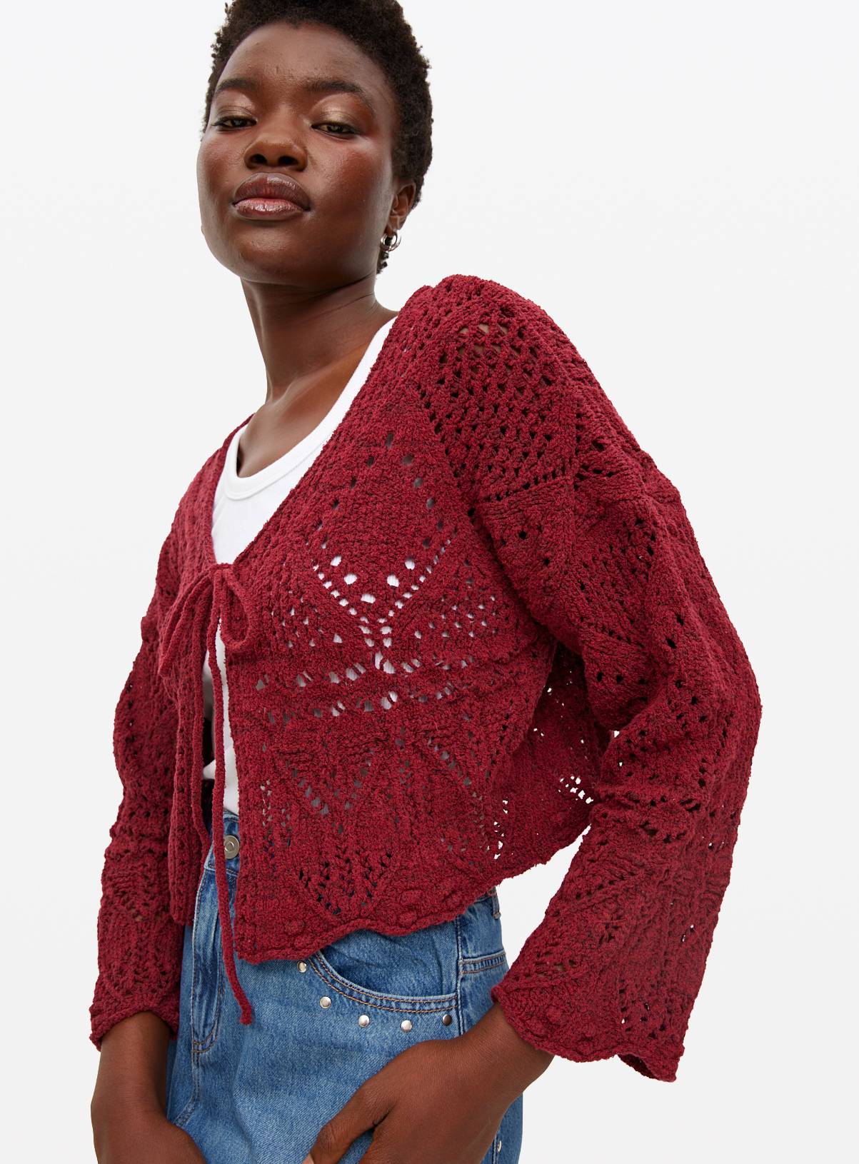Berry Red Tie Front Pointelle Cardigan 18 - Image 1